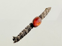 Vintage Sterling Silver Dragons Breath Glass Bar Pin Leaves Motif Brooch 2.25 In