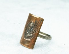 Vintage Hammered Copper Engraved with Pinecone Ring – Adjustable Size – Handmade