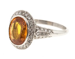 Estate Rare Orange 4.00ct Oval Orange Sapphire Diamond Filigree Platinum Ring