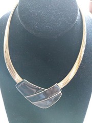 Vtg Choker Flatten Snake goldtone Signed TRIFARI black Enamel Statement 70s-80s