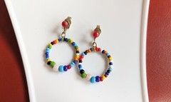 Vintage Dangle Hoop Clip Multicolor Beaded Drop EARRINGS Gold Tone