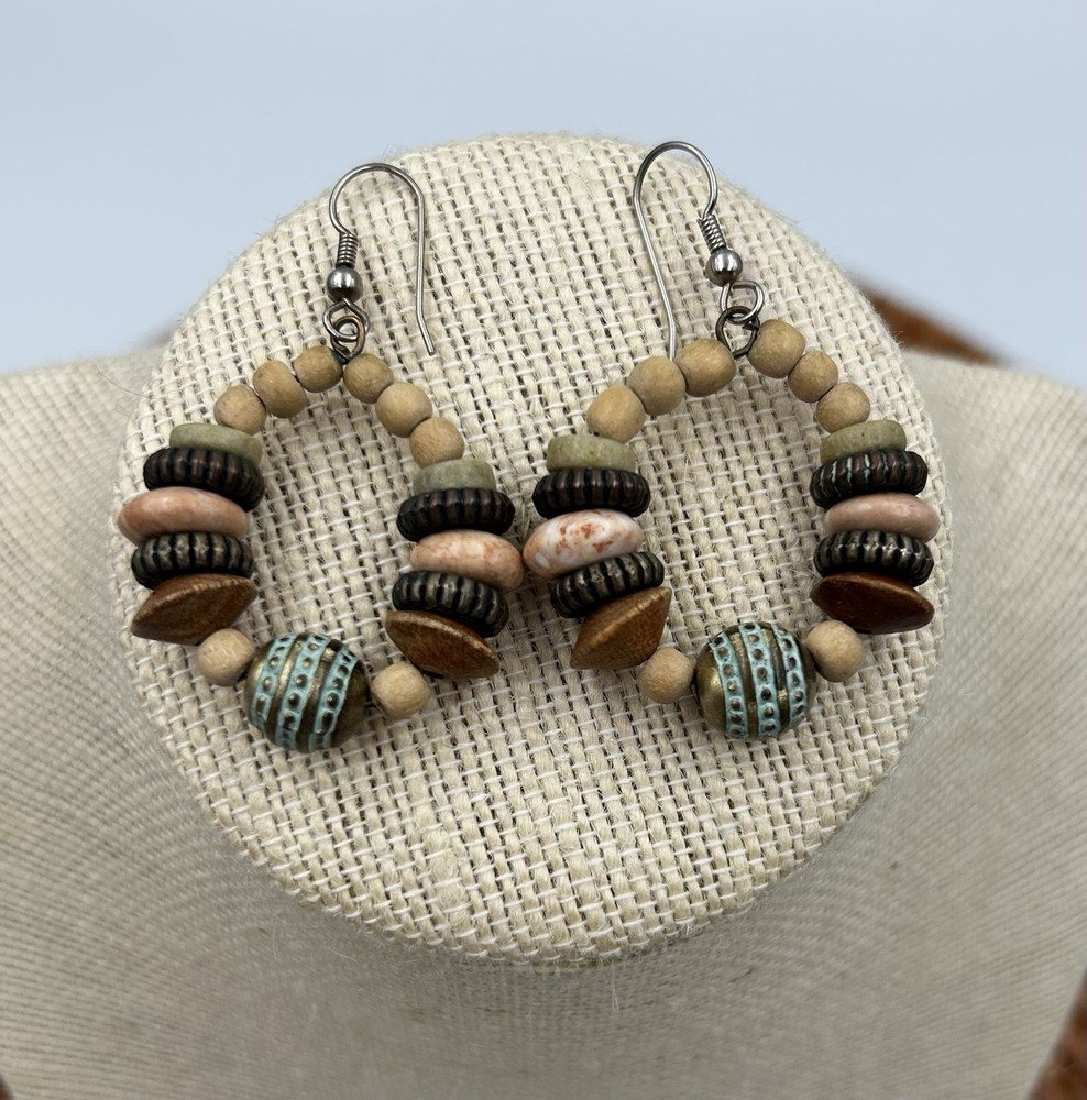 Vintage 1990s Boho Hoop Earrings Wood Metal Beads Earth Tones Limited Express