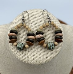 Vintage 1990s Boho Hoop Earrings Wood Metal Beads Earth Tones Limited Express