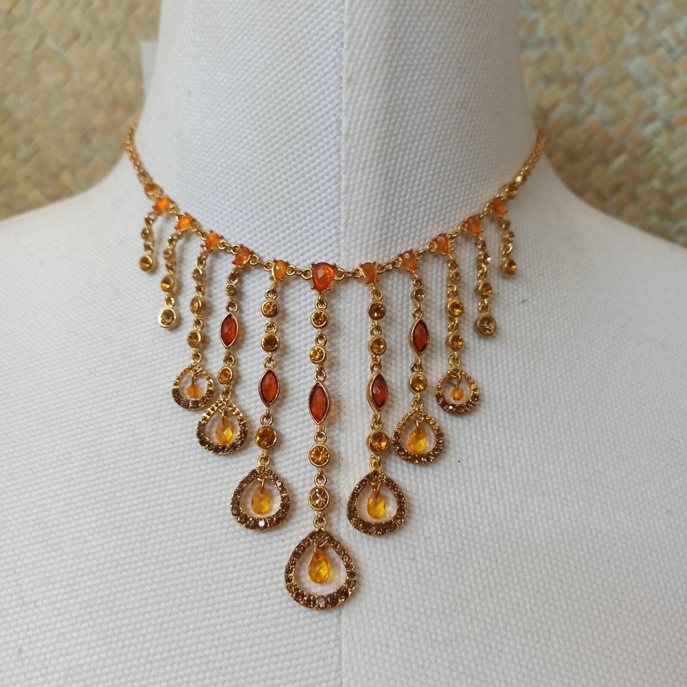Vintage Gold Orange Necklace Victorian Chandelier Signed VCLM Crystals Cocktail