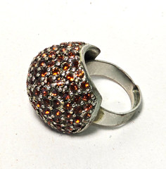 Vintage Dome Cocktail Ring Amber Glitter Rhinestone Pave Adjustable