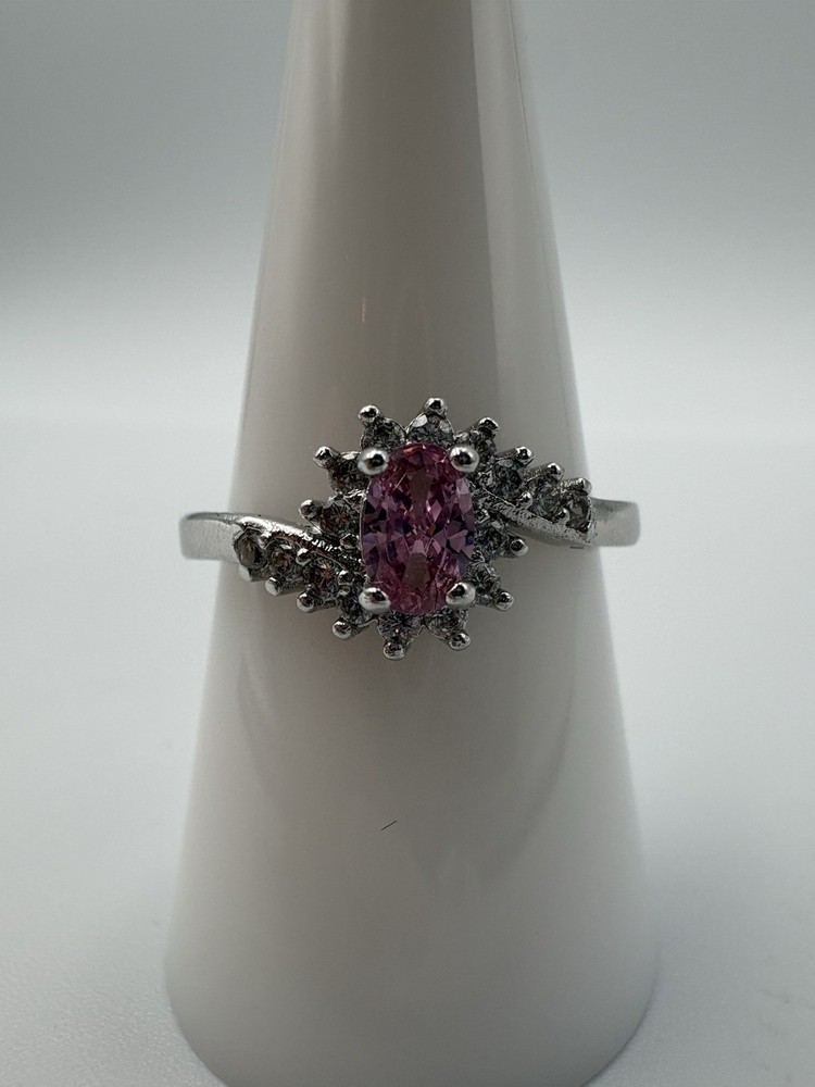 925 Sterling Silver Pink Gemstone Oval With White Accents Size 9