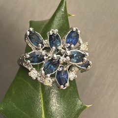 Vintage Spray Ring Estate Fine Jewelry Sz 7 18K White Gold Plated Blue Marquise