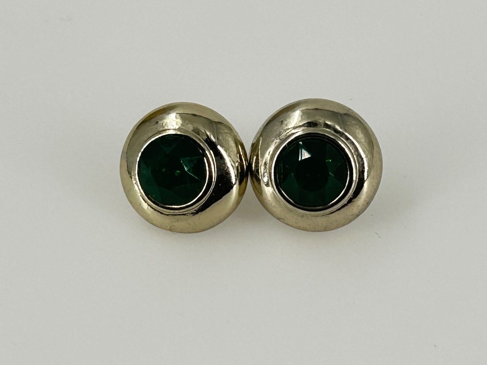 Vintage Green Glass Stone Pierced Earrings Gold Tone