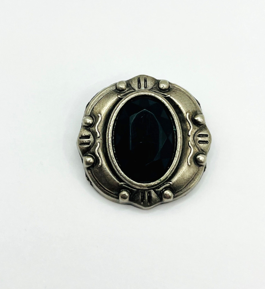 Vintage Black Faceted Glass Stone Brooch ~ Silver Tone Southwestern Style