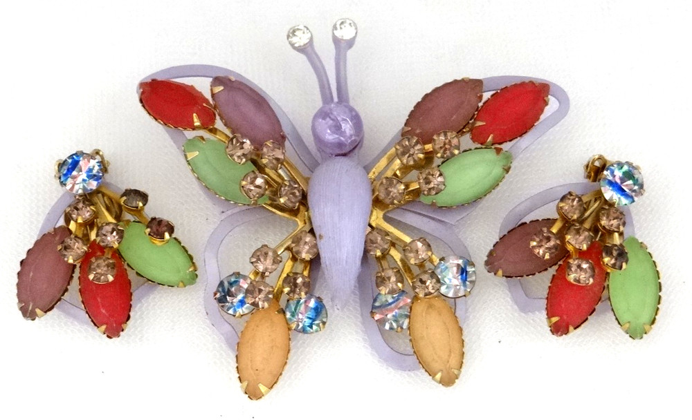 SELRO SELINI Set Vintage Multicolor Butterfly Brooch & Clip-On Earrings