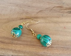 Vintage Malachite Dangle Earrings Gold Tone Large Green Bead Statement Pierced