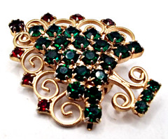 Vintage Signed Hobe Christmas Tree Brooch Gold-tone Green and Red Rhinestones