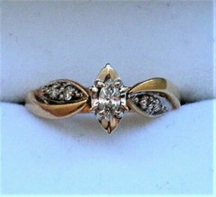 Vintage 14k Yellow White Gold 0.24CT Marquise & Round Diamond Engagement Ring P
