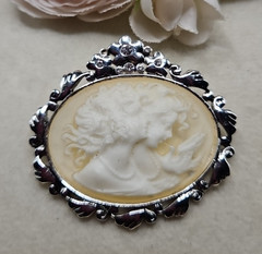 Vintage AAI Cameo two 2 women with dove yellow background Brooch Pin Statement