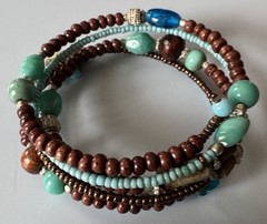 Vintage Brown & Blue Glass Seed & Wooden Bead Wrap Bracelet Fits All
