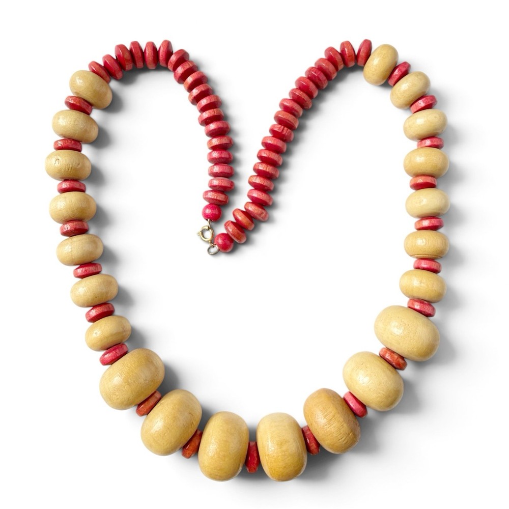Vintage Chunky Rondelle Wooden Beaded Necklace 24 1/2”