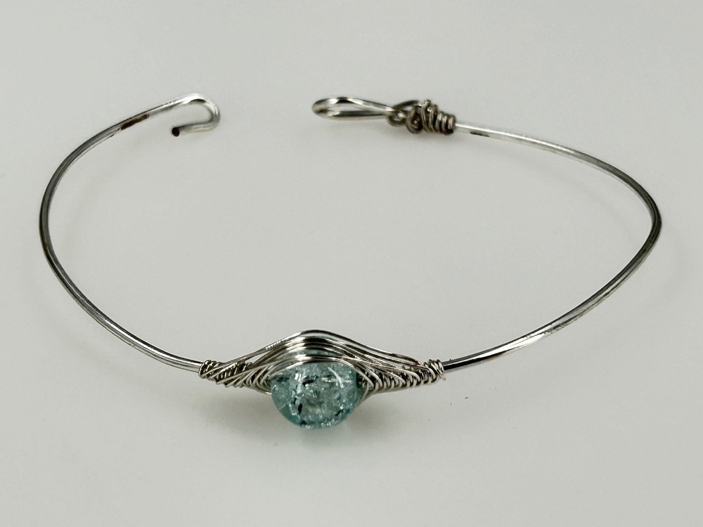 Handcrafted Silver Wire Wrapped Aquamarine Stone Adjustable Bracelet
