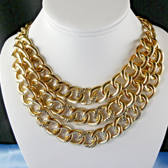 Pretty Triple Chain Link Bib Necklace Gold Tone w/ Tiny Marcasites