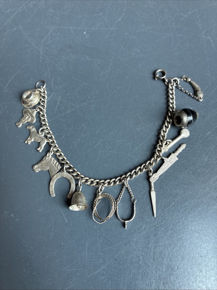 Vintage Silver Toned Western Theme Charm Bracelet 6.5 Inches