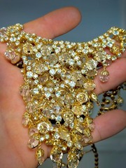 Vintage Rhinestone Bib Necklace Clip On Earrings Set Gold Tone Crystal Bridal