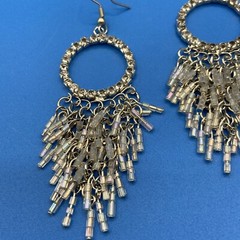 EARRINGS pierced 1970s 1980s Rhinestones beads long flapper fringe Statement