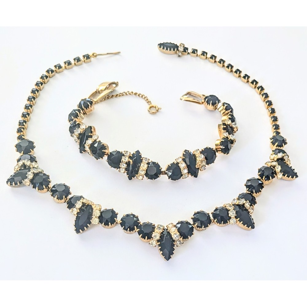 Vintage Jet Black Marquis & Clear Rhinestone Necklace & Bracelet Demi Parure