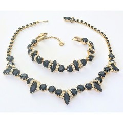 Vintage Jet Black Marquis & Clear Rhinestone Necklace & Bracelet Demi Parure