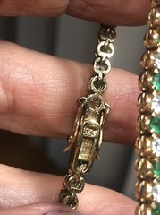 15. Vtg. Yellow 925 Sterling Green Emerald White CZ Tennis Bracelet 6 3/4″, 11g