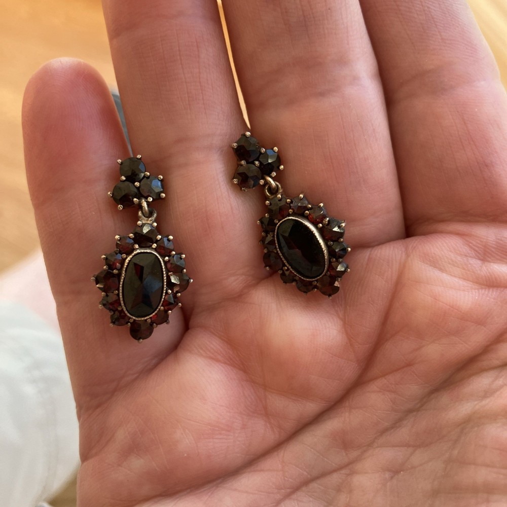 Antique Vintage Victorian Genuine Bohemian Garnet Drop Earrings Rare Large