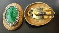 Jomaz Gold Tone Green Cabochon Rhinestone Brooch Earrings Set Vintage DS51