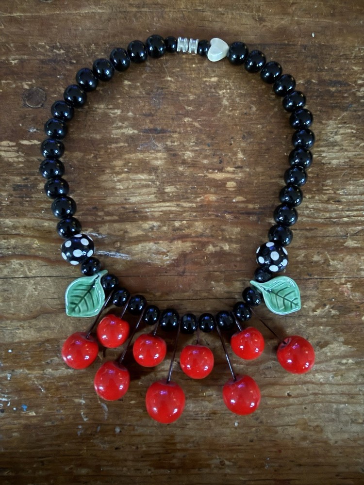 Flying Colors High Cherries Black Necklace Hand Painted Ceramic Vintage Jewelry