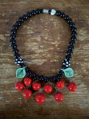 Flying Colors High Cherries Black Necklace Hand Painted Ceramic Vintage Jewelry