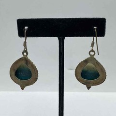 Sterling Silver 925 Teal Agate Cabochon Teardrop Drop Earrings Vintage 14.9g