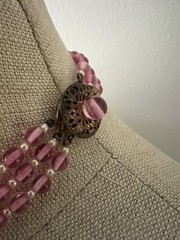 Early Miriam Haskell 3 Strand Pink Glass Filigree Wired Beads Festoon Necklace