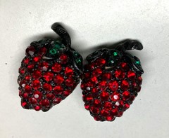 Signed WEISS Gunmetal Red Rhinestone Strawberry Brooch Pin Clip Earrings Set