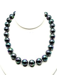 Black Tahitian Glass Pearl 13mm Iridescent Peacock Crystal Fireball Necklace VTG