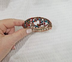 Vtg Multicolor Red Blue Pink Olive Crystal & Openwork Copper Clamper Bracelet