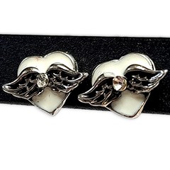 Black White Enamel Rhinestones Silver Tone Hearts Angel Wings Everyday Earrings