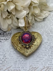 Gold Heart Locket Photo Fire Opal Dragon Birthday Anniversary Wedding Necklace