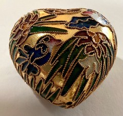 Gold Tone Metal Cloisonne Enamel Puffy Heart Shaped Pendant or Ornament With Box