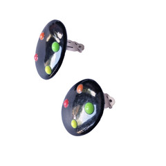 Vintage Black Metal Oval Clip-on Earrings w Colorful Polka dots EUC