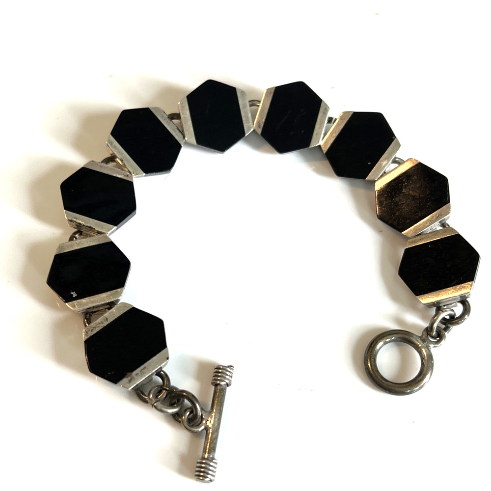 Vtg Mexico 925 sterling Silver Black Onyx Hexagon Geometric Toggle Bracelet 6.5