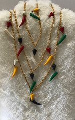 Vintage Mexican Fiesta Multicolored Red Chili Pepper Necklace Gold Tone 🌶️ 60”