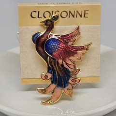 Vintage Cloisonne Enamel Bird Brooch Pin Blue Red Gold Bird