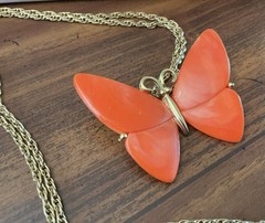 Vintage Trifari Butterfly Necklace Orange Acrylic Smaller Gold Tone