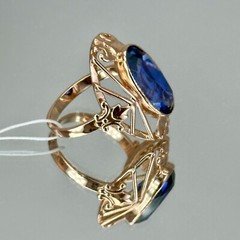 USSR Vintage Rose Gold Blue Sapphire (lab. made) Ring 583 14K 5.14 g. 6,5 US