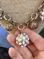 RJ Graziano Gold & White 70s Style Ball Chain Statement Necklace RJG Signed