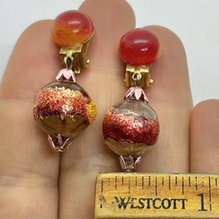 Vtg Hong Kong Lucite Foil Yellow Red Bead Dangle Earrings Clip-on