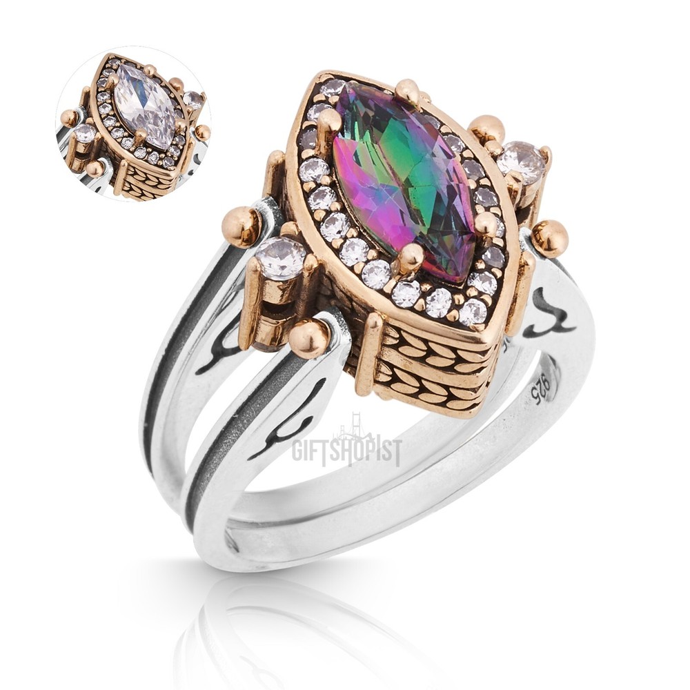 Turkish Reversible Marquise Alexandrite and White Topaz 925 Sterling Silver Ring