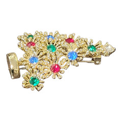 Christmas Tree Brooch Lapel Pin Gold Toned Green Red and Blue Rhinestones